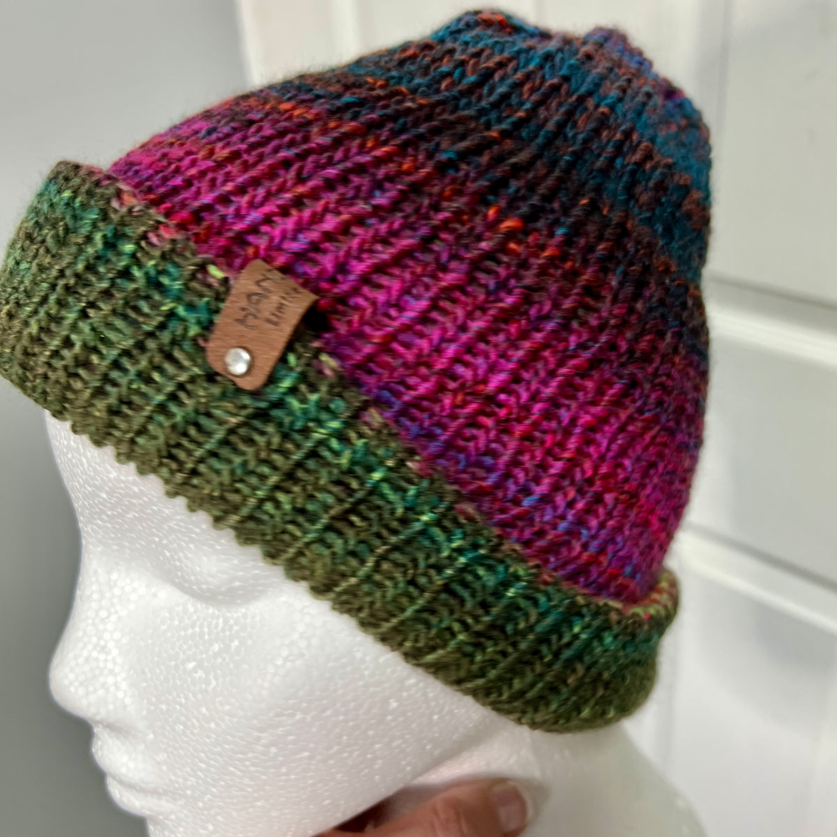 'Jewelspun' Pink/Green Reversible Knitted Beanie - Adult