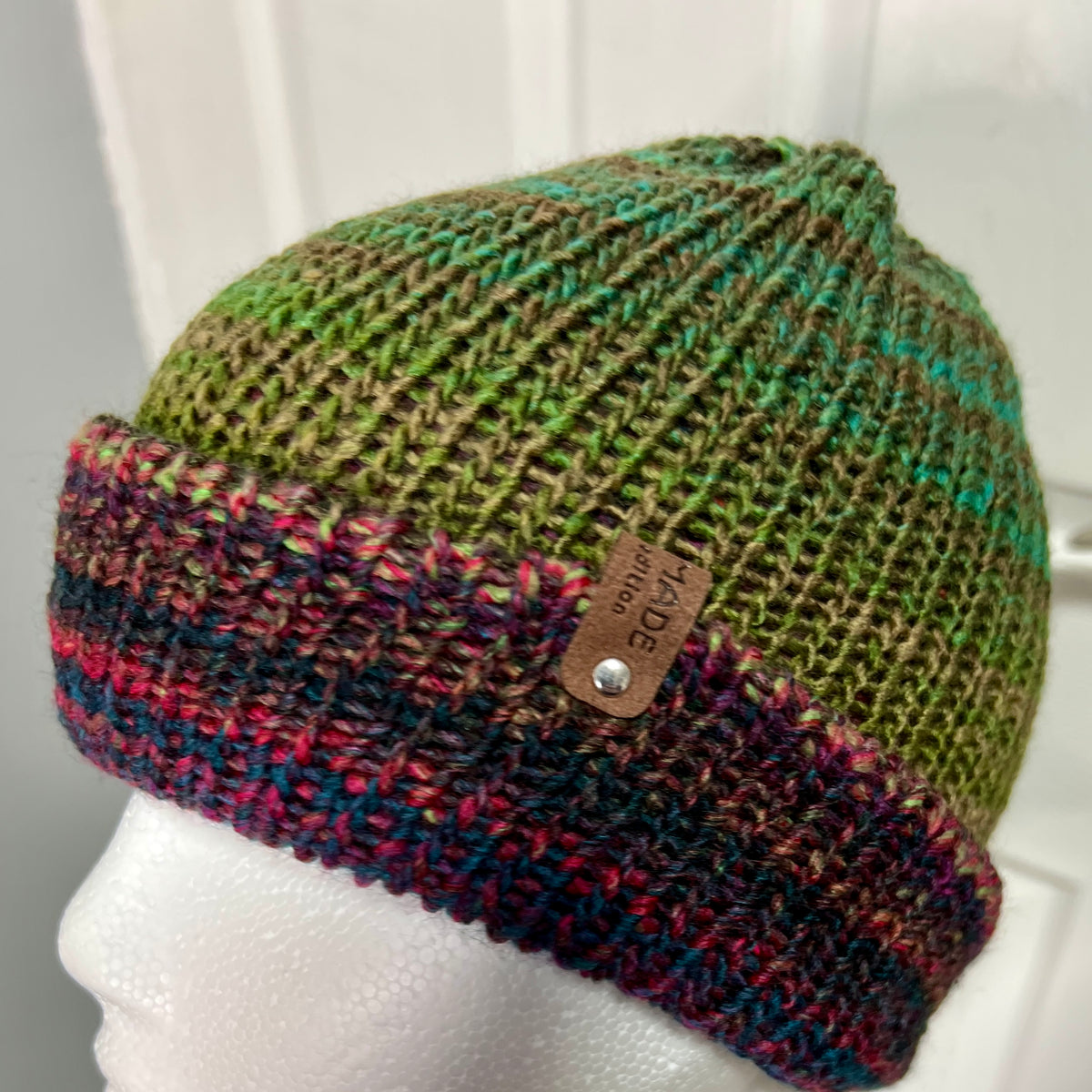 'Jewelspun' Pink/Green Reversible Knitted Beanie - Adult