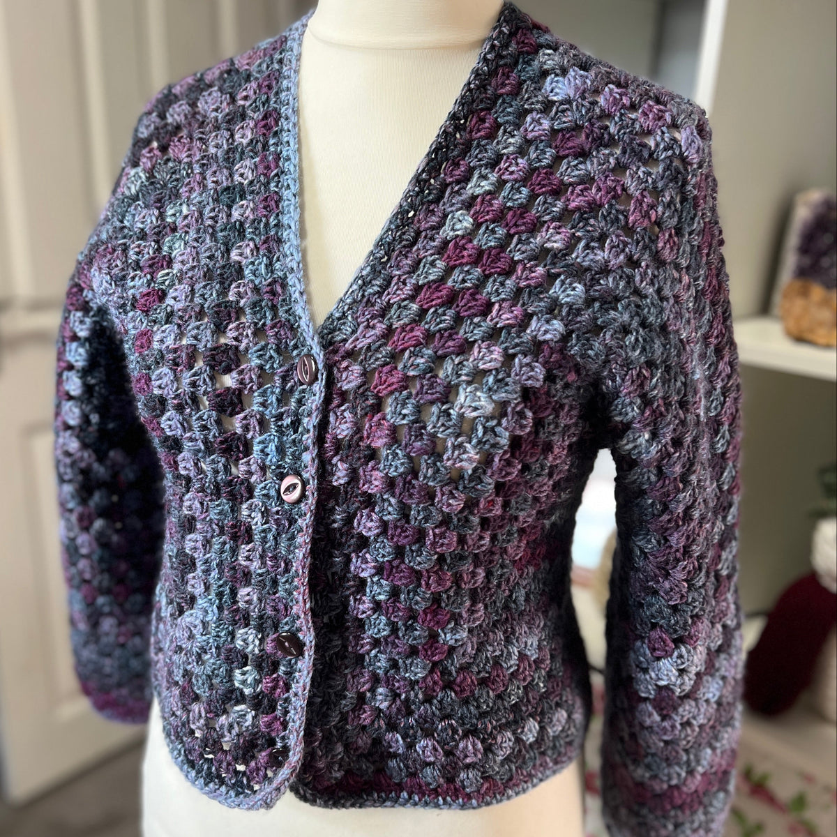 'Purple Haze' Hexigan Crochet Cardigan with buttons